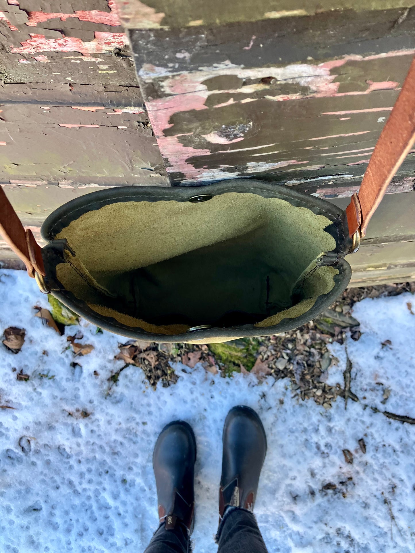 bucket bag in mustard, green, brown