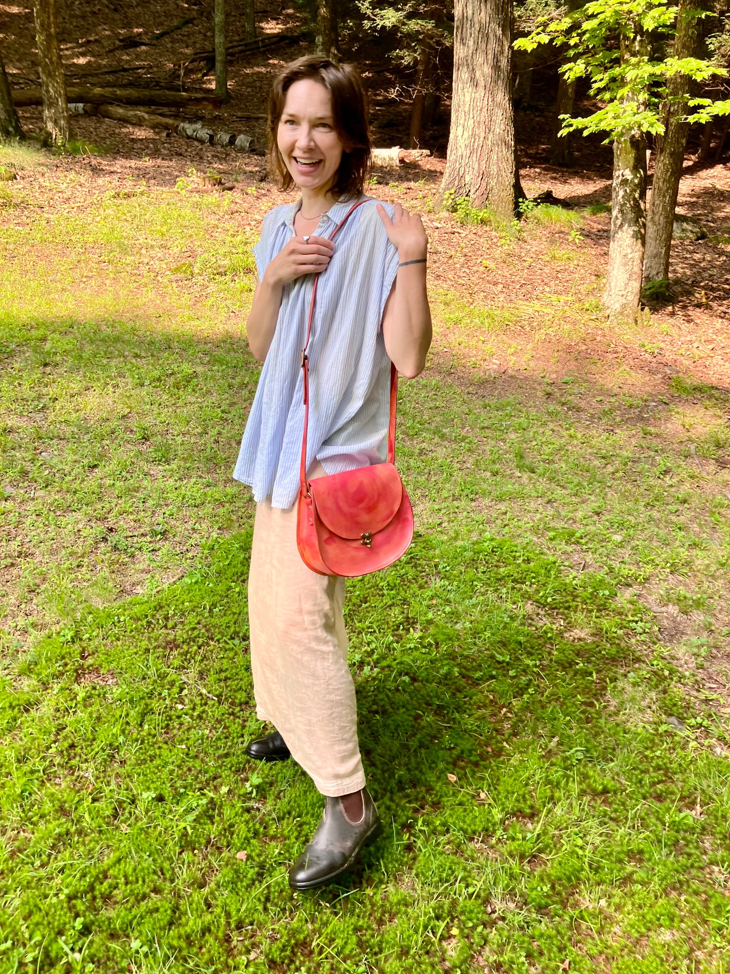 the cheryl, three available, in brown, orange, and purple slash