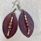 lightweight leather earrings with embossed lines; hypoallergenic, nickel free; antique brass and agate beads; 3 inch high; handmade.